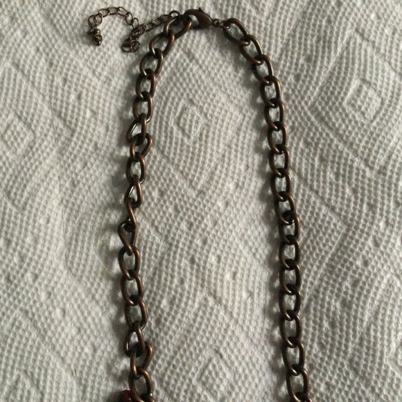 Women's necklace copper button red beads metal chain 17" likely vintage - Picture 3 of 4